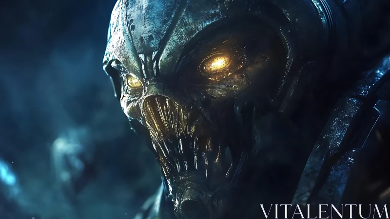 Cyborg skull creature glows with intense yellow eye light