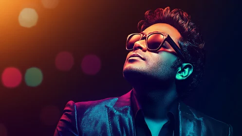 Neon-lit dreamer in glossy blazer under bokeh night sky.