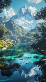 Snow peak above turquoise river in quiet forest valley.