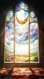 Stained glass angel window crowns sunlit pastoral valley.