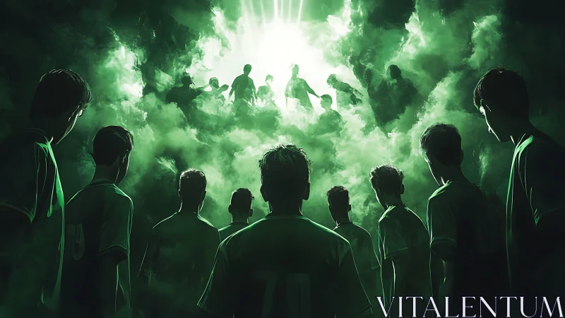 Soccer players observe backlit figures through dense green fog