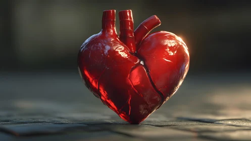 Realistic Broken Heart Sculpture in Sunlight, Emotional Art Style.