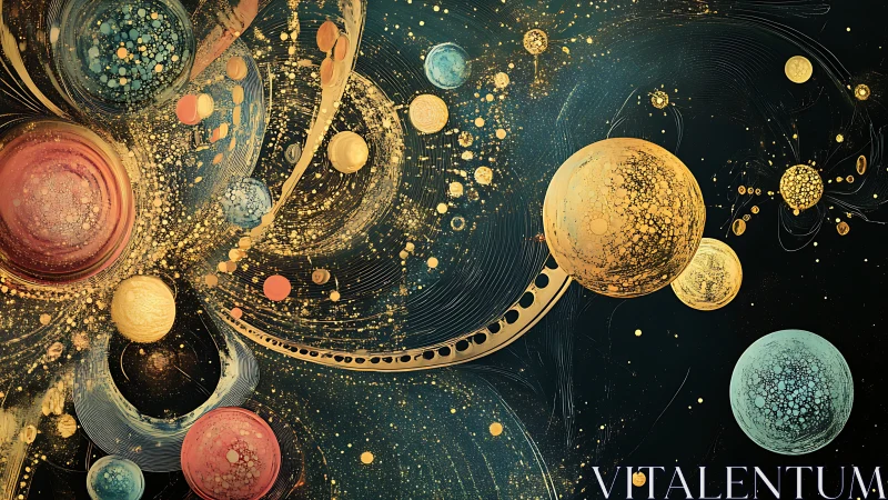 Cosmic orbits swirl through luminous abstract galaxies.