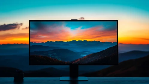 Ultrawide monitor with panoramic mountain sunset framing.
