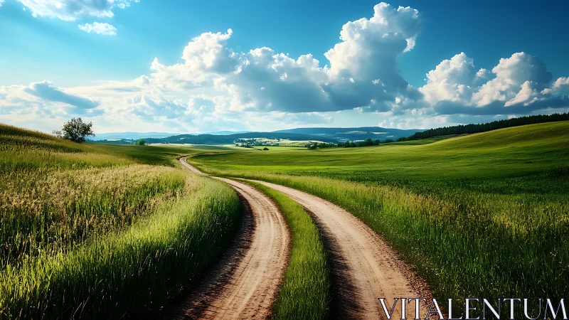 Curving dirt road crossing vivid green countryside fields.