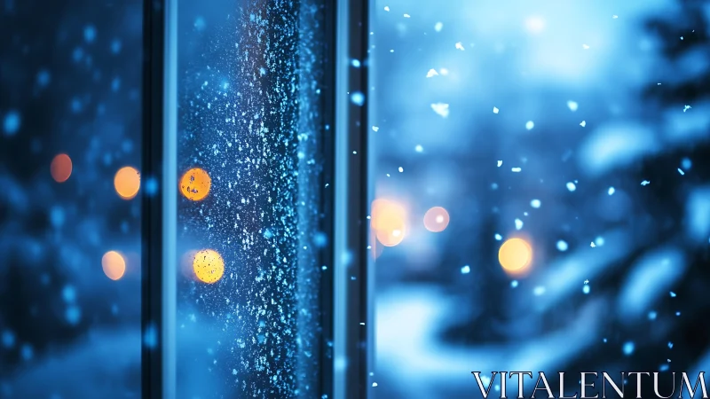 Snowy window glass with bokeh city lights in cold blue dusk
