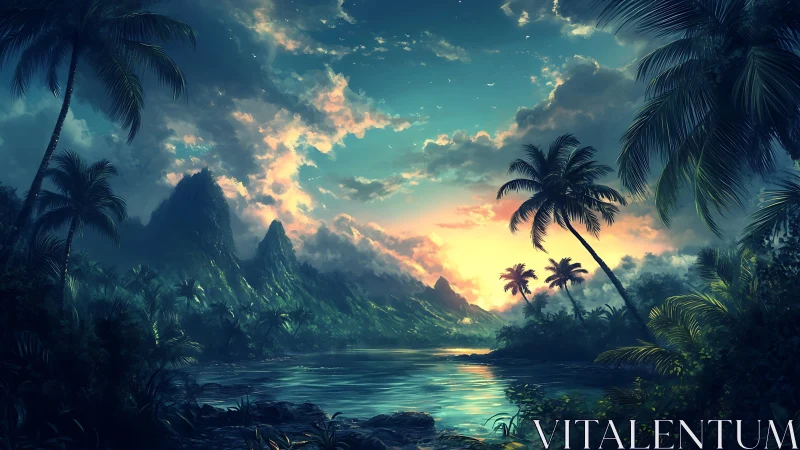 Tropical Paradise Landscape with Limestone Peaks and Lagoon at Sunset