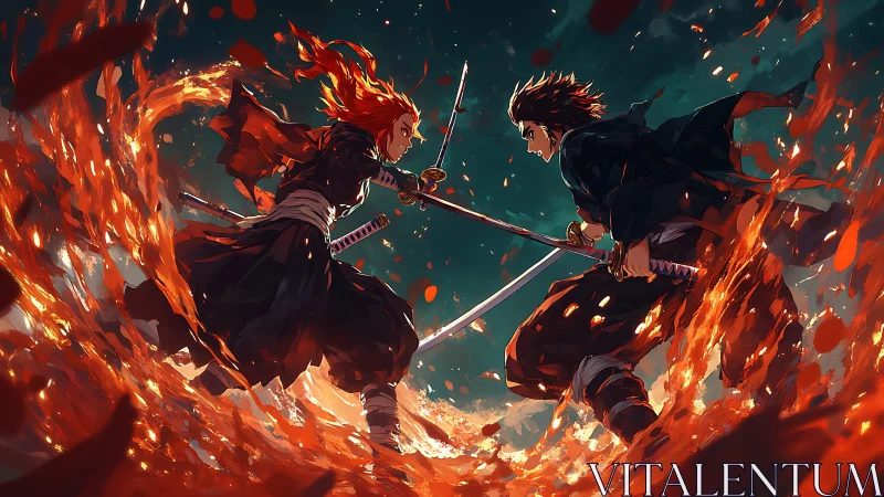 Fiery duel between determined warriors in swirling embers.