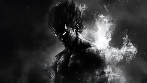 Dark anime warrior emerging through burning white smoke.