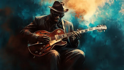 Blues guitarist in fedora with semi-hollow electric under spotlight