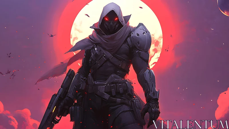 Armored sci‑fi assassin stalks a neon sky under full moon.