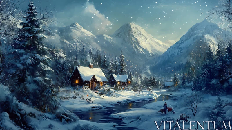 Snowy mountain cabin glows warmly in a tranquil winter valley