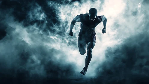 Sprinter in motion cutting through dramatic smoke clouds.