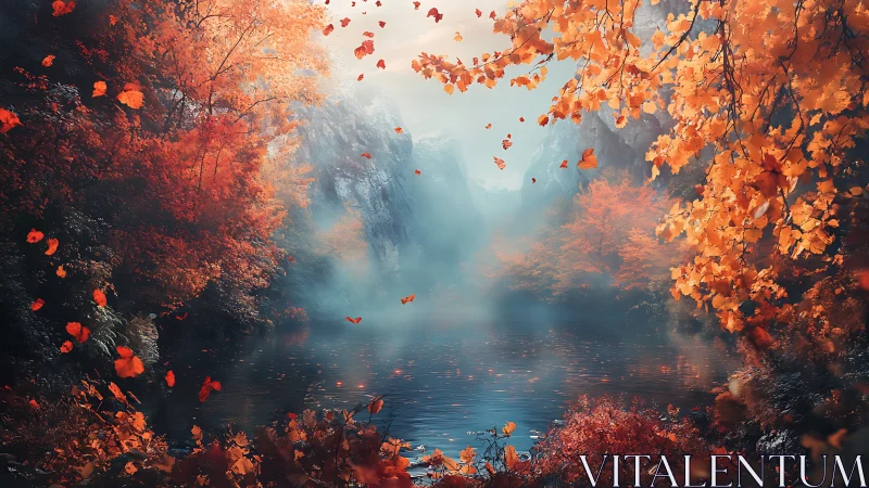 Digital autumn landscape shows misty lake within dense valley