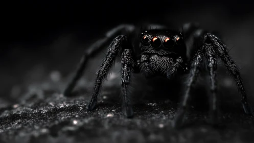 Predatory jumping spider under dramatic macro lighting.