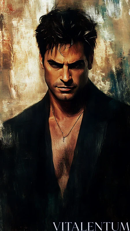 Brooding man in dark jacket against textured backdrop.