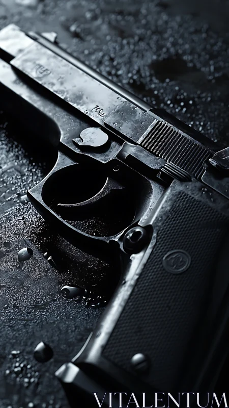 Wet metal handgun close-up under dramatic low-key light.
