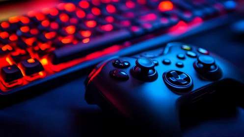 Neon gamepad and keyboard glow in midnight gamer habitat.