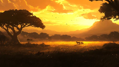 African Savanna Landscape at Golden Hour with Acacia Tree and Elephant Herd