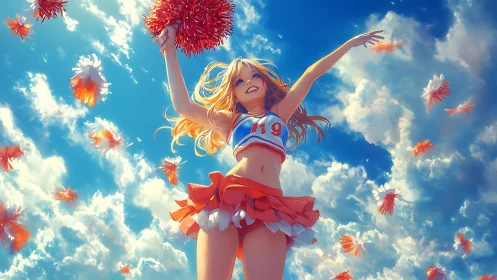 Cheerleader in uniform beneath scattered pom-poms in sky.