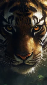 Tiger gaze in shadowed jungle light, ultra-detailed portrait.