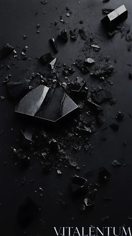 Glimmering black shards rest quietly across a dark surface