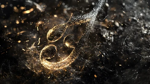 Glittering Musical Note in Abstract Gold and Black Particle Style.