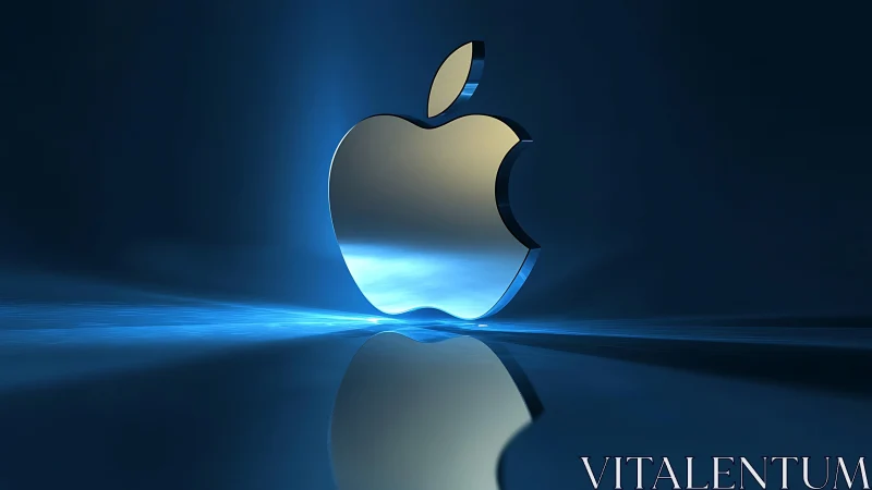 Luminous chrome apple emblem glowing on deep blue horizon.