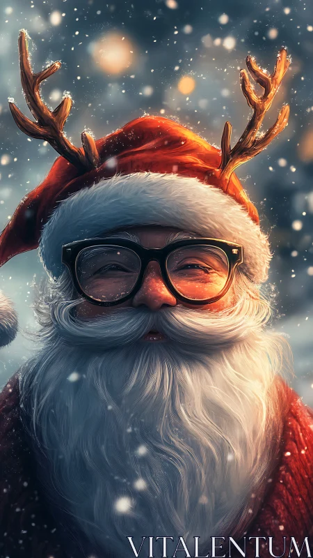 Whimsical Santa portrait with antler hat and snowfall glow.
