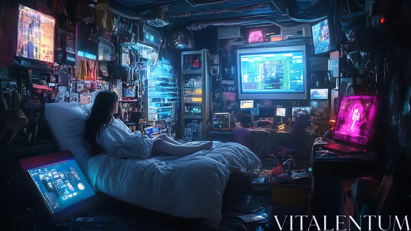 Neon-lit hacker&rsquo;s haven cradles a lone nightbound dreamer.