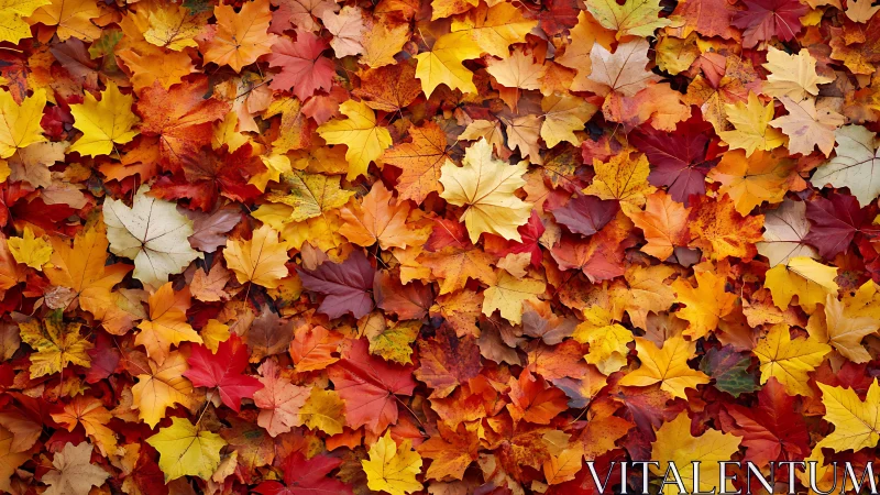 Cozy carpet of colorful autumn maple leaves at rest.