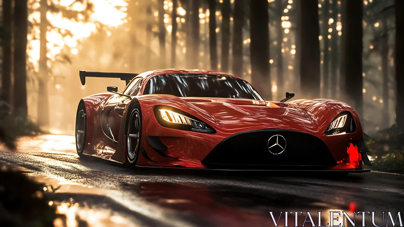 Sunlit forest sprint with a sleek red Mercedes racer.