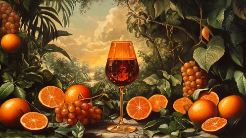 Ornate still life unites citrus glass and sunlit jungle vista
