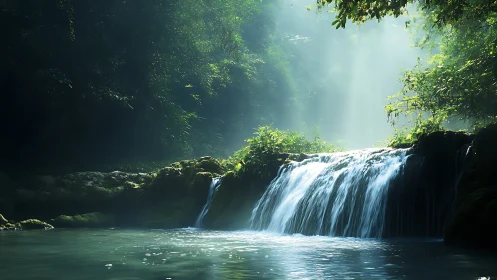 Sunlit forest waterfall with mist over calm pool.