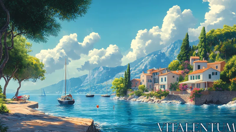 Mediterranean Coastal Settlement with Alpine Backdrop: Digital Rendering