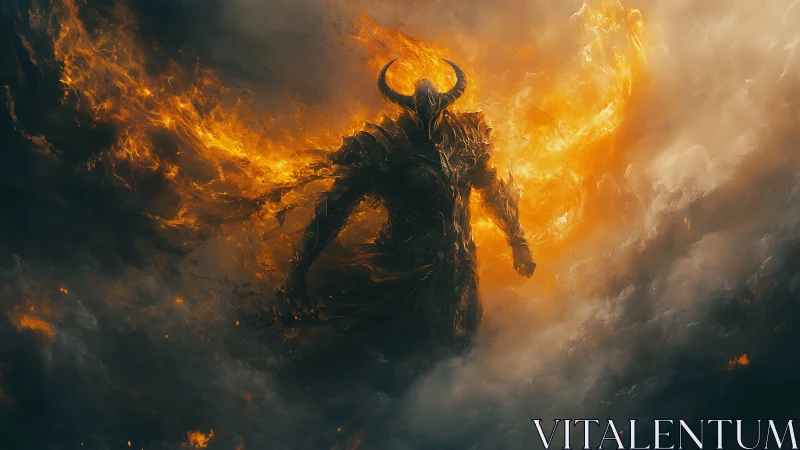 Horned inferno warlord strides from storm-torn embers.