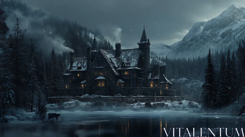 Winter-lit mountain manor hums quietly beside the frozen lake