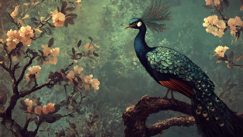 Emerald peacock rests on gnarled branch amid blossom boughs.