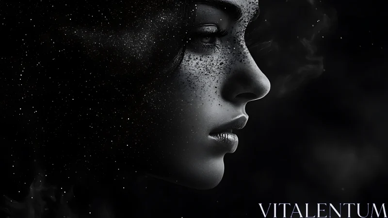 Profile portrait of woman with dispersed particle texture.