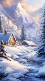 Snowy mountain cabins beside a reflective winter stream.