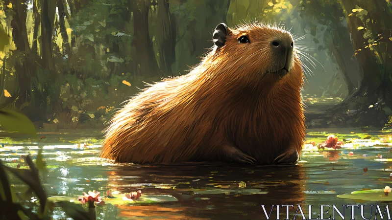 Capybara resting calmly in a sunlit forest pond scene.