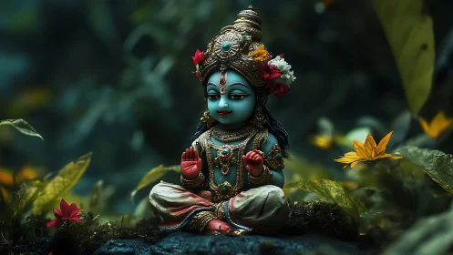 Digital painting of ornate blue deity idol in forest glade.