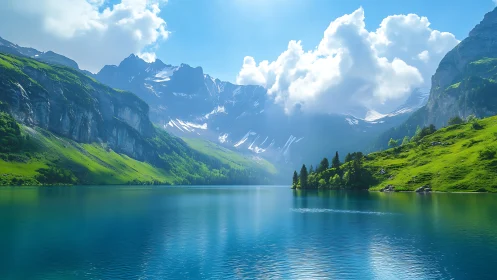 Sunlit mountain lake cradled by emerald cliffs and clouds.