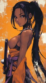 Samurai woman in orange wrap with katana, bold graphic style.