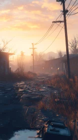 Sunrise ghosts wander a broken post-apocalyptic street.