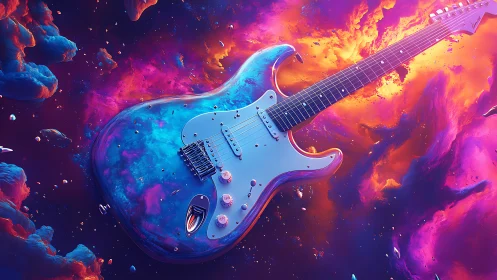 Cosmic electric guitar floats in vivid neon space clouds