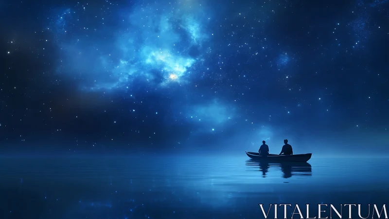 Starlit boat drifts under vast cosmic night sky reflection.