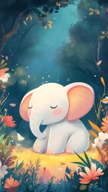 Gentle baby elephant rests in a glowing forest meadow