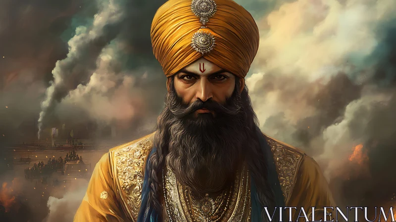 Turbaned warrior commander amid incendiary atmospheric battlefield.