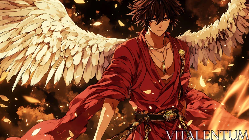 Fiery winged anime warrior in red robes amid burning sky.